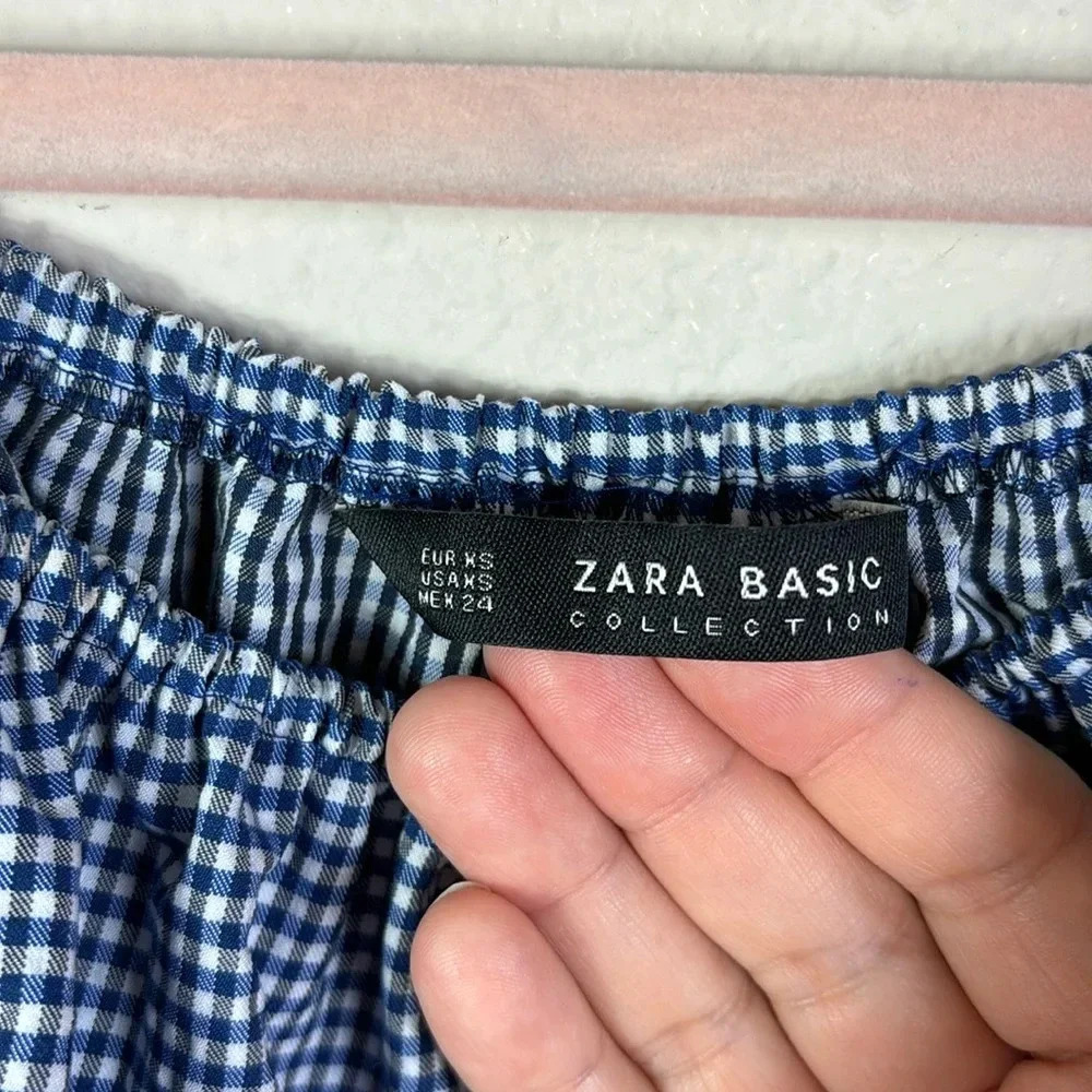 Zara Gingham Checkered Blue White Off Shoulder Cropped Top Tie Sleeves size XS - Picture 5 of 10
